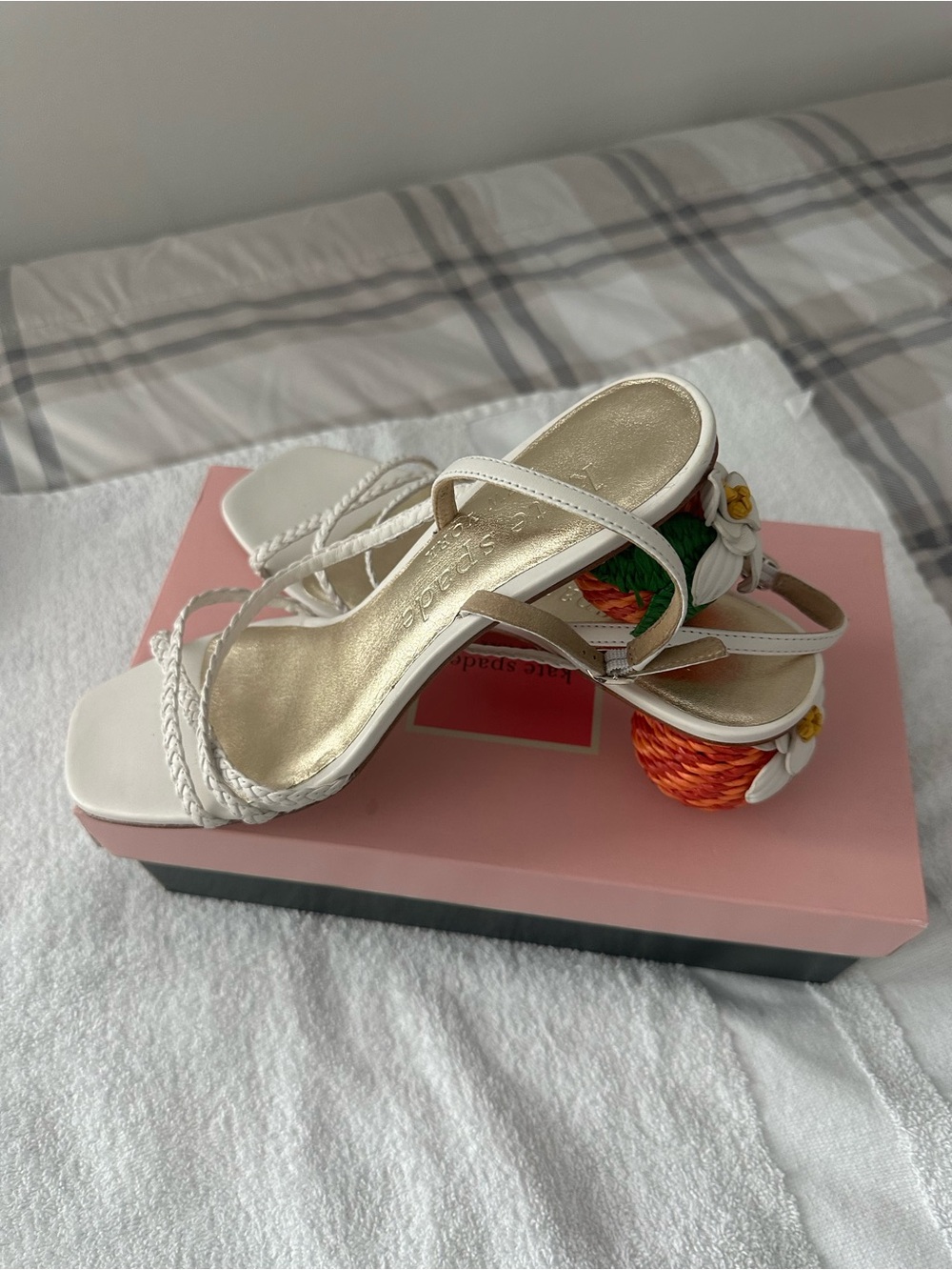 kate spade White Braided Strap Heels with Orange Woven Floral Block Heel